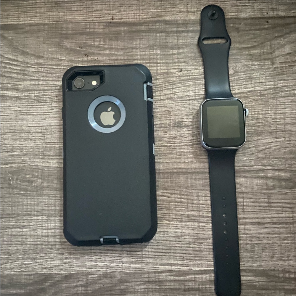 Apple iPhone 8 with case screen protector and smartwatch